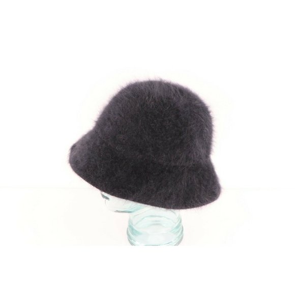 Vintage 90s Streetwear Blank Angora Rabbit Hair Blend Bucket Hat Cap Black - Picture 2 of 6